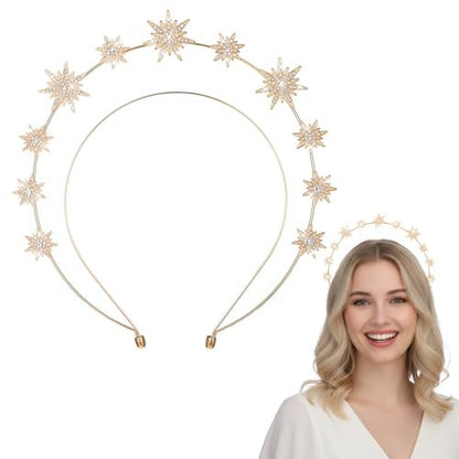 Tweruna Gold Halo Headband - Crystal Star Halo Crown, 4.9 Inches Gold Rhinestone Goddess Headpiece for Women Bridal Wedding Cosplay Party Avelisse