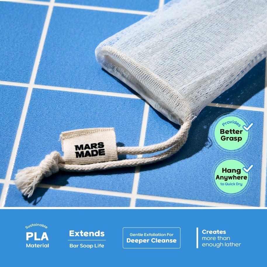 MARS MADE PLA Mesh Soap Saver - Plant-Based Exfoliating Net Bag for Shampoo, Conditioner & Body Bars - Travel-Friendly Foaming Shower Soap Scrubber Pouch with Breathable Mesh & Hanging Loop - görsel 3