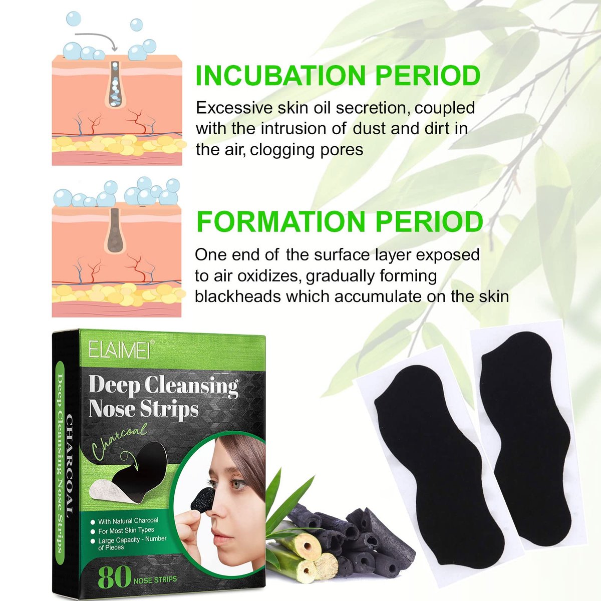 JWBVCTCR Pore Strips - Natural Charcoal Deep Cleansing Nose Strips for Blackhead Removal, 80 Count - görsel 5