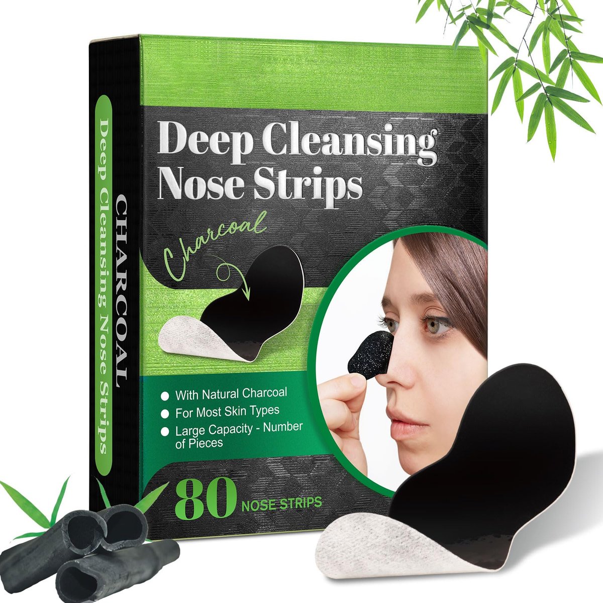 JWBVCTCR Pore Strips - Natural Charcoal Deep Cleansing Nose Strips for Blackhead Removal, 80 Count - görsel 1