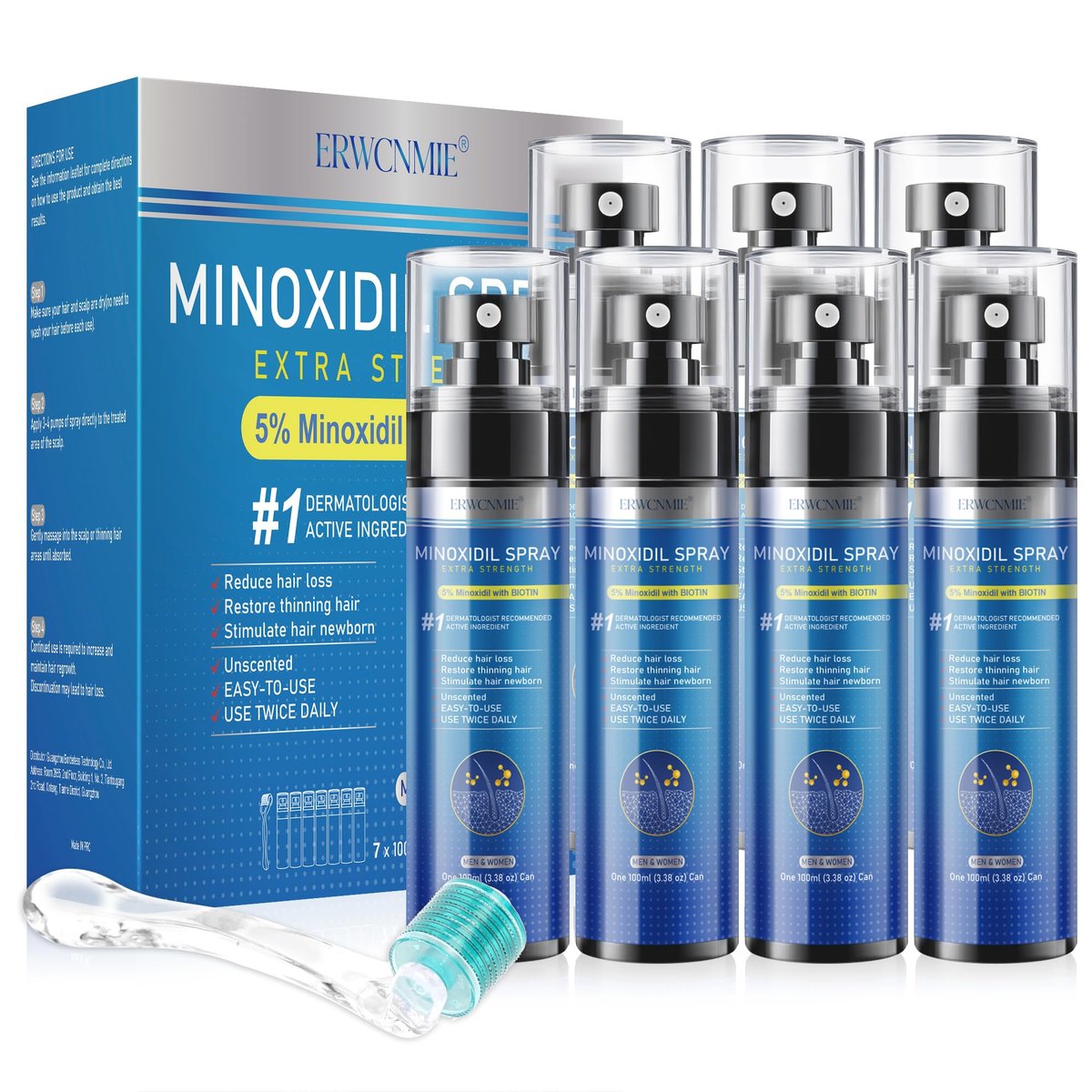 5% Minoxidil Spray for Men and Women - Extra Strength Hair & Beard Growth Treatment with Biotin, 7-Pack (11-Month Supply) Avelisse