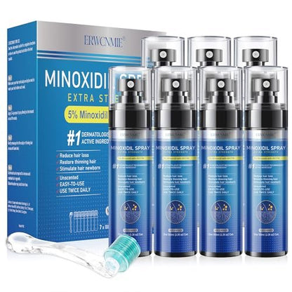 5% Minoxidil Spray for Men and Women - Extra Strength Hair & Beard Growth Treatment with Biotin, 7-Pack (11-Month Supply) Avelisse