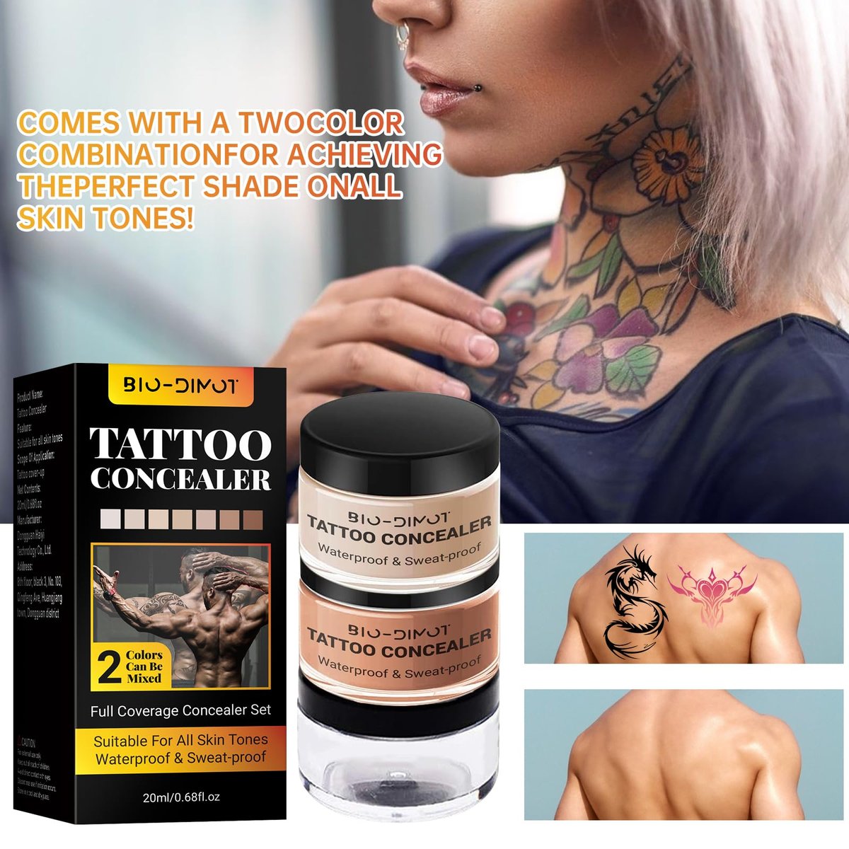 BIO-Dimot Tattoo Cover Up Makeup - Waterproof Full Coverage Body Foundation, Long-Lasting Concealer for Tattoos, Scars & Birthmarks, Natural Skin Tone Match (0.68 oz) Avelisse