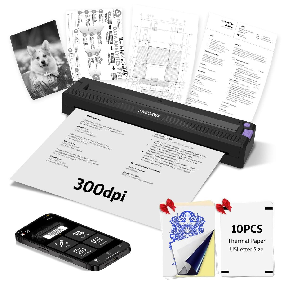 XWKOXWK Tattoo Stencil Printer with Transfer Paper & Thermal Paper – Portable Bluetooth Wireless Inkless Printer for Beginners & Artists (Grey, 8.5x11) - görsel 1
