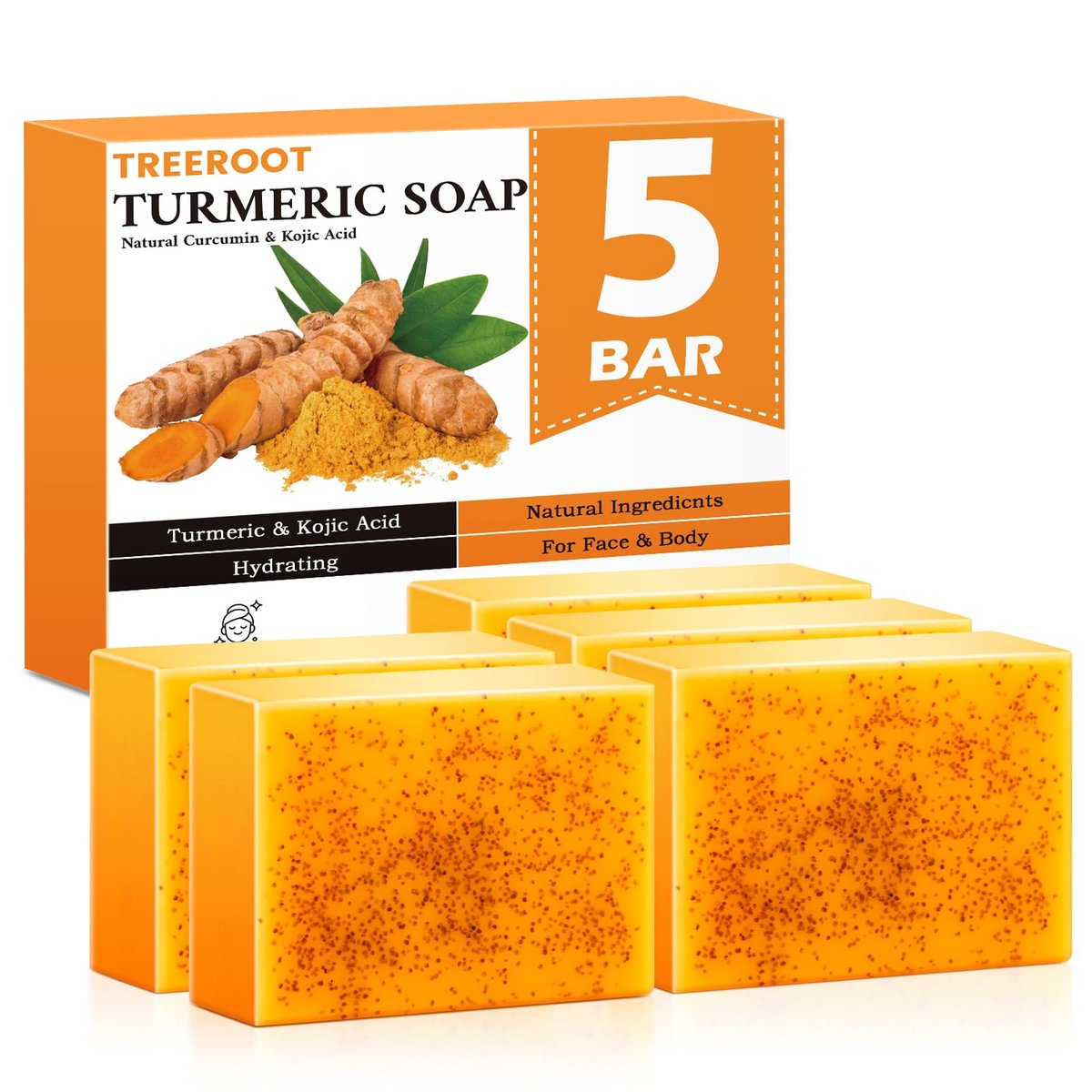 Treeroot Turmeric Soap 5 Pack - Kojic Acid Turmeric Soap Bar with Retinol, Collagen, Vitamin C & Shea Butter for Face & Body, SLS Free, 80g Each - görsel 1