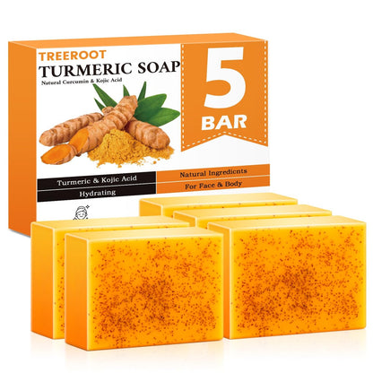 Treeroot Turmeric Soap 5 Pack - Kojic Acid Turmeric Soap Bar with Retinol, Collagen, Vitamin C & Shea Butter for Face & Body, SLS Free, 80g Each