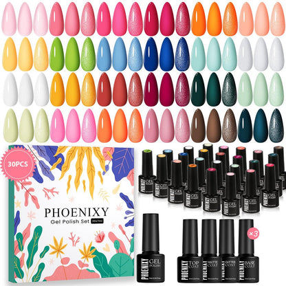 Phoenixy 30 PCS Gel Nail Polish Set - 24 Colors Soak Off Gel Polish with Base & Top Coat - Pink Blue Collection for Home Manicure Beginners Gift for Women