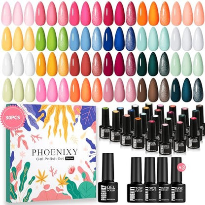 Phoenixy 30 PCS Gel Nail Polish Set - 24 Colors Soak Off Gel Polish with Base & Top Coat - Pink Blue Collection for Home Manicure Beginners Gift for Women