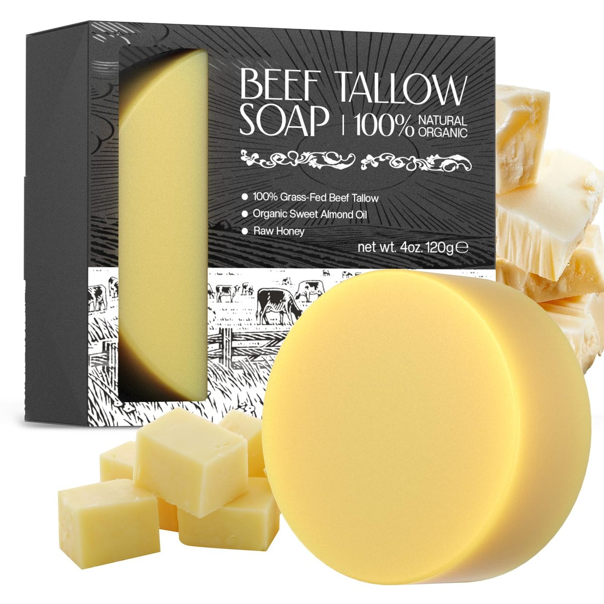 LHOPEBK Nature Tallow Soap for Moisturizing: Daily Face & Body Cleansing for Sensitive & Dry Skin — Made with Organic Grass-Fed Beef Tallow to Reduce Tightness After One Wash — 4.2 oz Bar - görsel 1