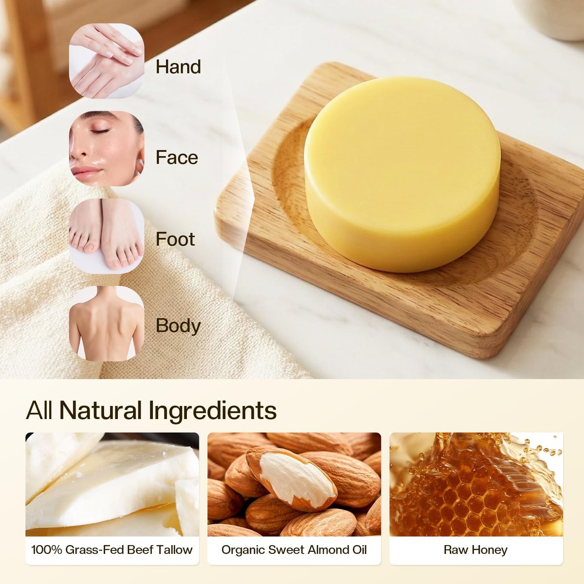 LHOPEBK Nature Tallow Soap for Moisturizing: Daily Face & Body Cleansing for Sensitive & Dry Skin — Made with Organic Grass-Fed Beef Tallow to Reduce Tightness After One Wash — 4.2 oz Bar - görsel 9
