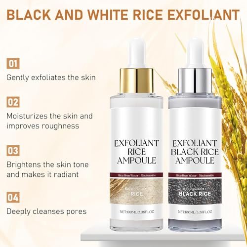 Rice Exfoliant Ampoule Duo - Black and White Face Peeling Solution, Moisturizing Pore Minimizer, 2-Pack, 100ml - görsel 6