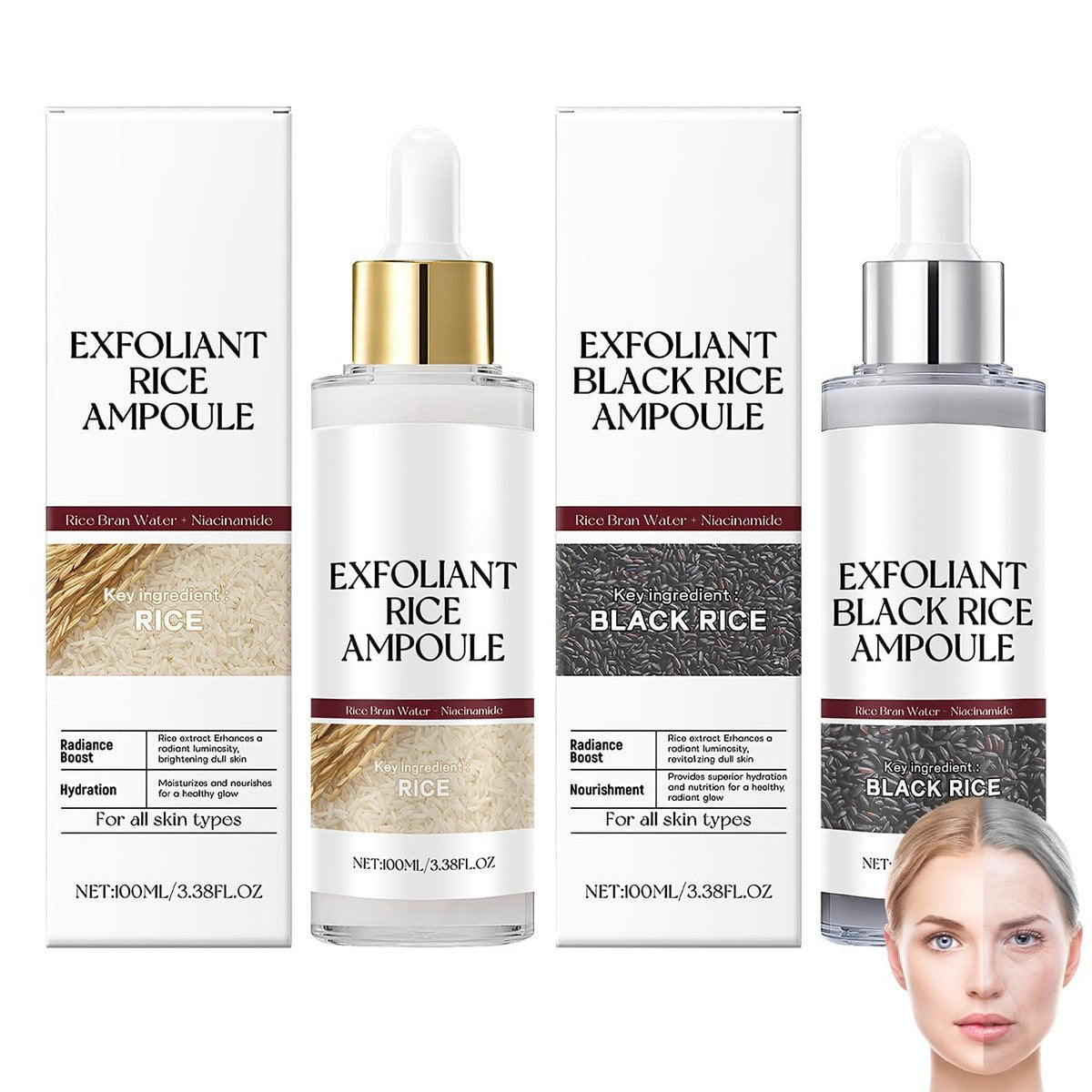 Rice Exfoliant Ampoule Duo - Black and White Face Peeling Solution, Moisturizing Pore Minimizer, 2-Pack, 100ml - görsel 1