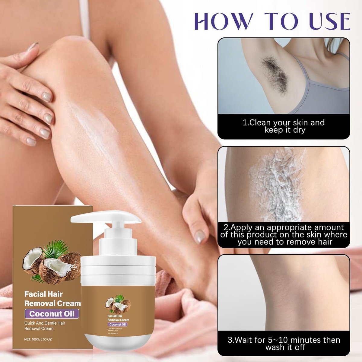 ROSINO Coconut Oil Facial Hair Removal Cream for Women – Gentle Depilatory Cream for Smooth, Hair-Free Skin (1 oz) Avelisse
