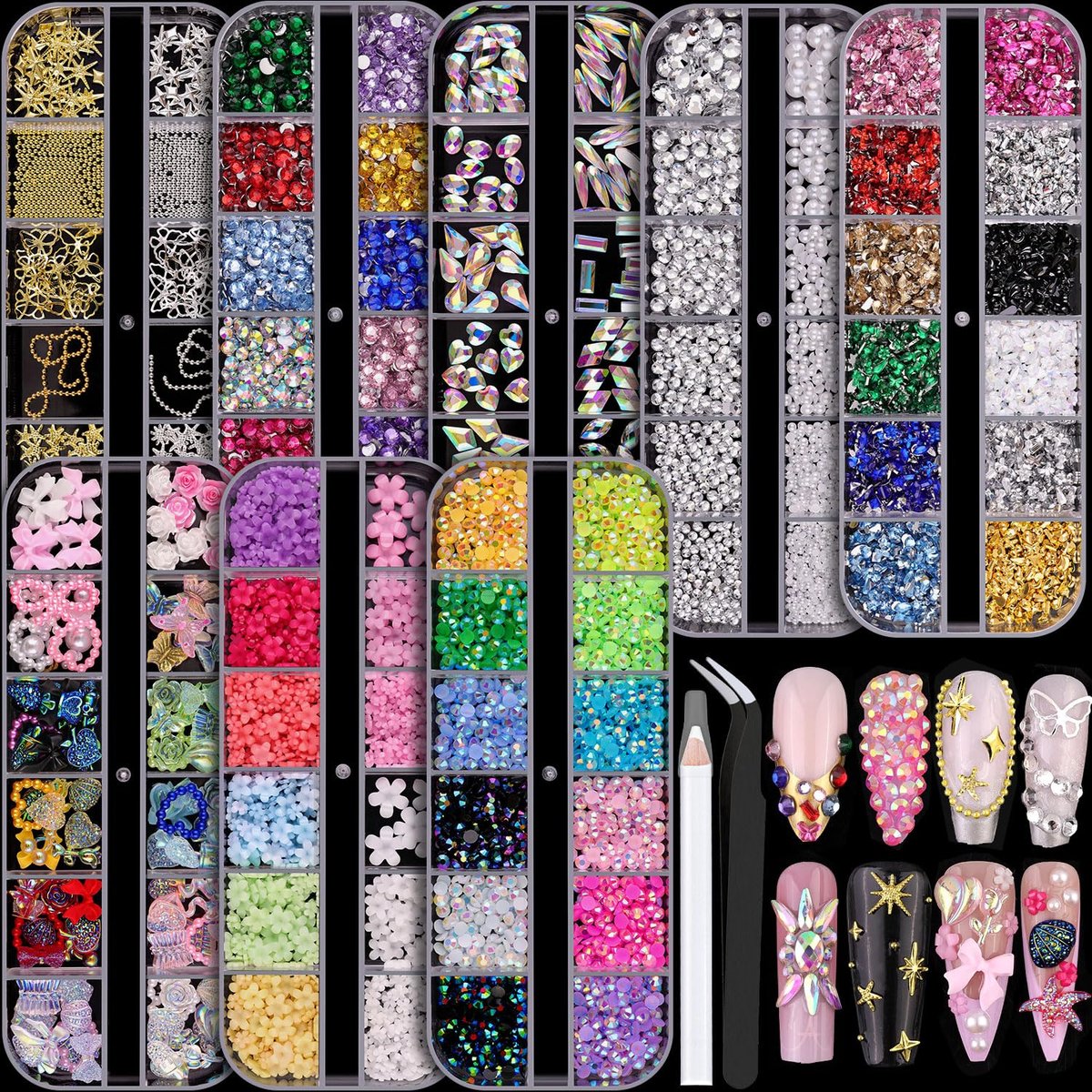 8 Boxes Nail Charms and Gems for Manicure – Flat Pearls, Nail Flowers, Rhinestones, and Charms for Nail Art – Colorful Pearl Nail Charm Set with Bows, Multi Shapes Flatback Nail Design Kit - görsel 1