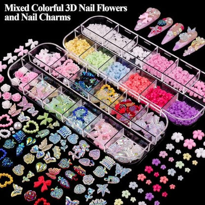 8 Boxes Nail Charms and Gems for Manicure – Flat Pearls, Nail Flowers, Rhinestones, and Charms for Nail Art – Colorful Pearl Nail Charm Set with Bows, Multi Shapes Flatback Nail Design Kit