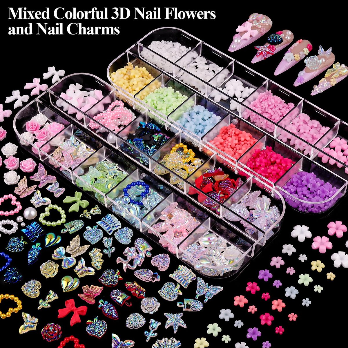 8 Boxes Nail Charms and Gems for Manicure – Flat Pearls, Nail Flowers, Rhinestones, and Charms for Nail Art – Colorful Pearl Nail Charm Set with Bows, Multi Shapes Flatback Nail Design Kit - görsel 3