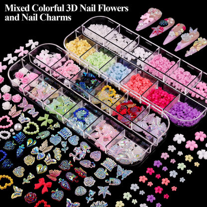 8 Boxes Nail Charms and Gems for Manicure – Flat Pearls, Nail Flowers, Rhinestones, and Charms for Nail Art – Colorful Pearl Nail Charm Set with Bows, Multi Shapes Flatback Nail Design Kit