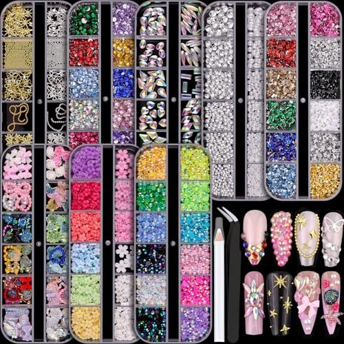 8 Boxes Nail Charms and Gems for Manicure – Flat Pearls, Nail Flowers, Rhinestones, and Charms for Nail Art – Colorful Pearl Nail Charm Set with Bows, Multi Shapes Flatback Nail Design Kit - görsel 2