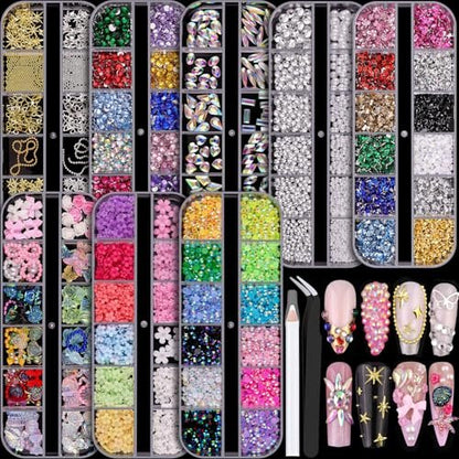 8 Boxes Nail Charms and Gems for Manicure – Flat Pearls, Nail Flowers, Rhinestones, and Charms for Nail Art – Colorful Pearl Nail Charm Set with Bows, Multi Shapes Flatback Nail Design Kit