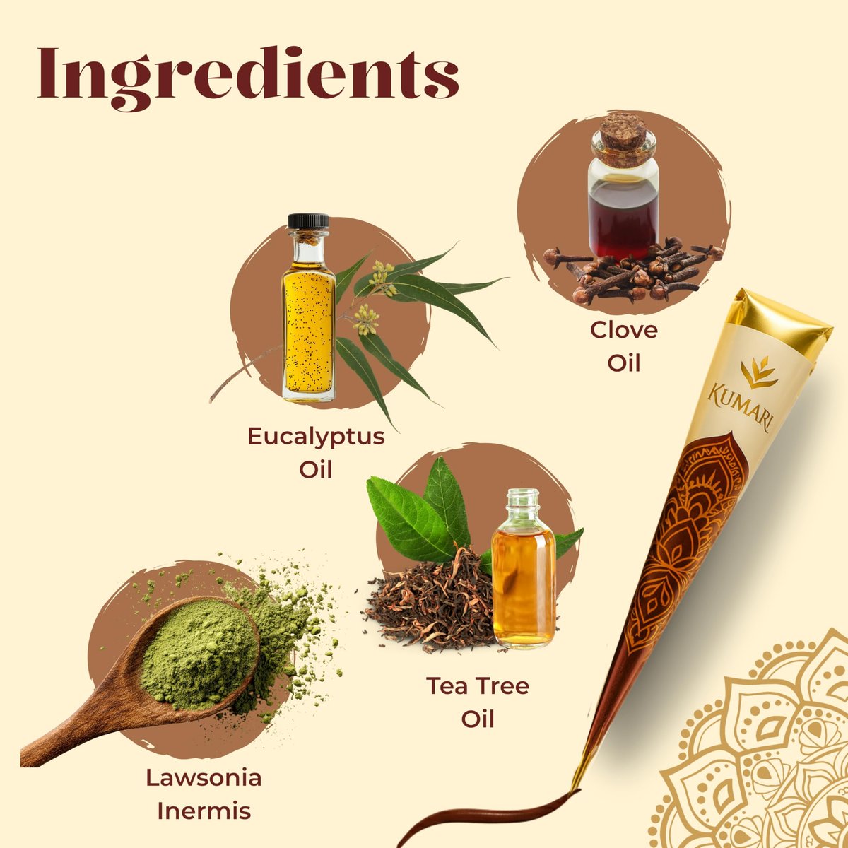 Kumari Kulture Plant Based Henna Paste Cones | Dark Reddish Brown Hair Dye with Tea Tree Oil | Pack of 4 (Each 25g) Avelisse