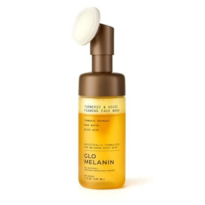 Glo Melanin Turmeric & Kojic Foaming Face Wash – Brightening Cleanser with Scrubber Top, Rose Water, Vitamin C, Aloe & Kojic Acid – Natural, Paraben-Free, 4 fl oz