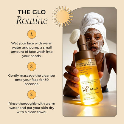 Glo Melanin Turmeric & Kojic Foaming Face Wash – Brightening Cleanser with Scrubber Top, Rose Water, Vitamin C, Aloe & Kojic Acid – Natural, Paraben-Free, 4 fl oz