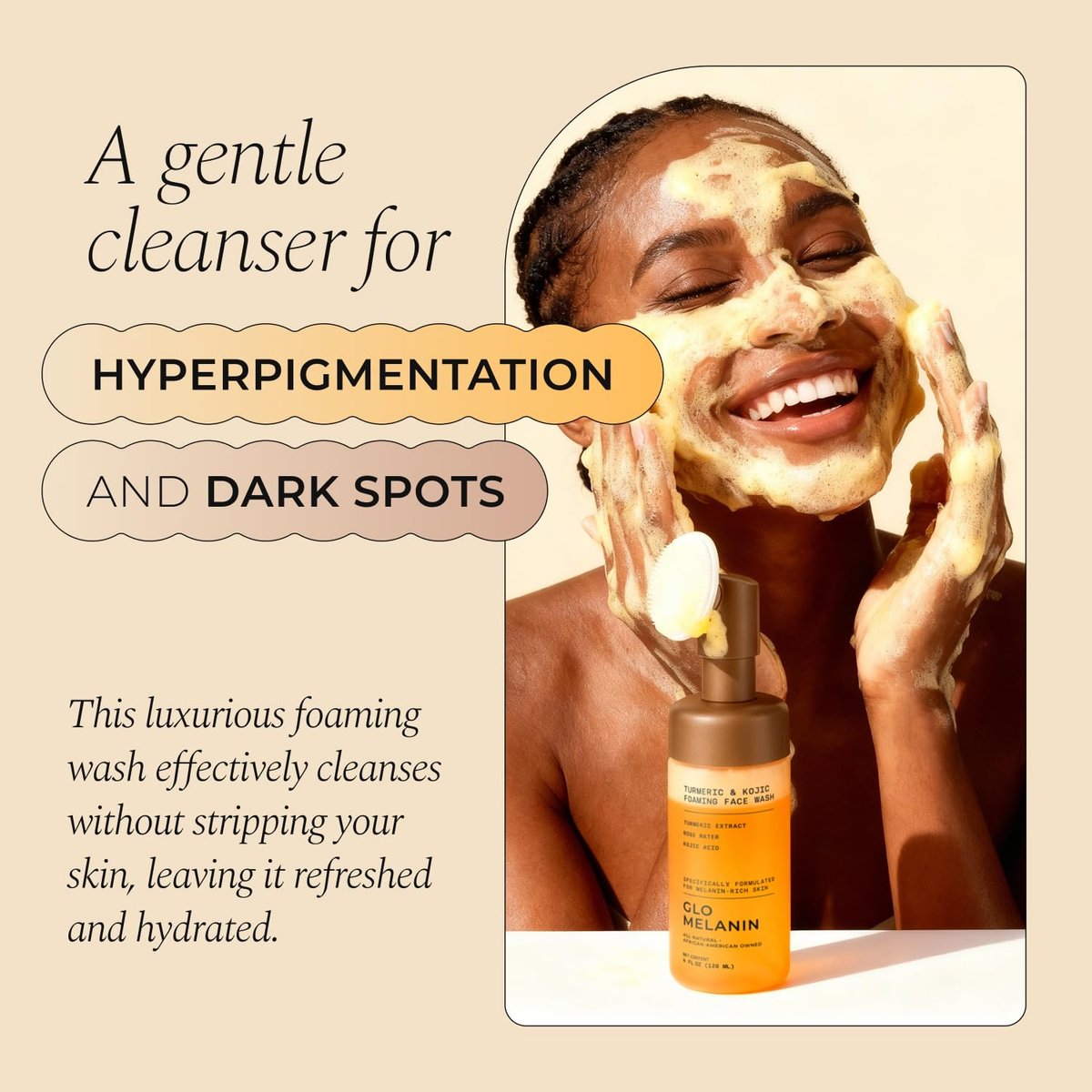 Glo Melanin Turmeric & Kojic Foaming Face Wash – Brightening Cleanser with Scrubber Top, Rose Water, Vitamin C, Aloe & Kojic Acid – Natural, Paraben-Free, 4 fl oz - görsel 4