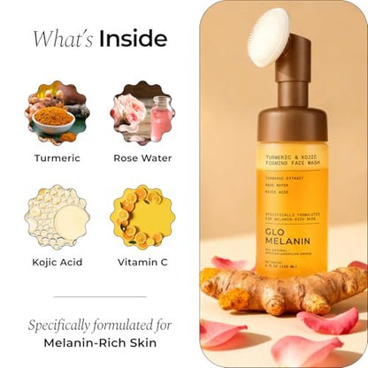 Glo Melanin Turmeric & Kojic Foaming Face Wash – Brightening Cleanser with Scrubber Top, Rose Water, Vitamin C, Aloe & Kojic Acid – Natural, Paraben-Free, 4 fl oz