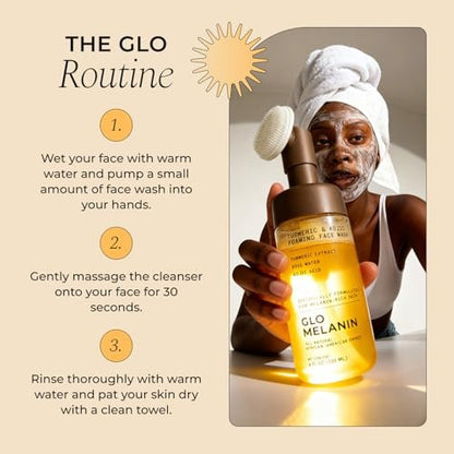 Glo Melanin Turmeric & Kojic Foaming Face Wash – Brightening Cleanser with Scrubber Top, Rose Water, Vitamin C, Aloe & Kojic Acid – Natural, Paraben-Free, 4 fl oz