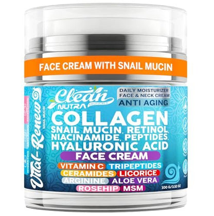 Snail Mucin Collagen Face Cream - Anti-Aging Moisturizer with Retinol, Niacinamide, Hyaluronic Acid, Peptides, Vitamin C, Ceramides - Korean Skincare Daily Face and Neck Cream - 3.52 oz (100g)