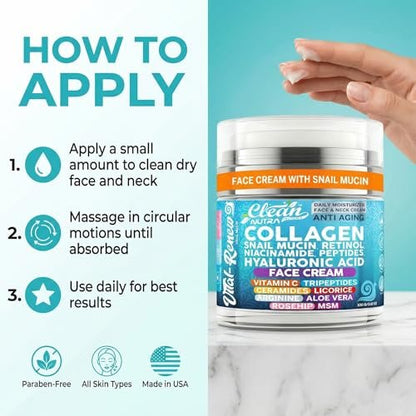 Snail Mucin Collagen Face Cream - Anti-Aging Moisturizer with Retinol, Niacinamide, Hyaluronic Acid, Peptides, Vitamin C, Ceramides - Korean Skincare Daily Face and Neck Cream - 3.52 oz (100g)