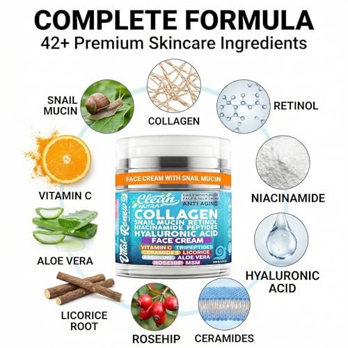 Snail Mucin Collagen Face Cream - Anti-Aging Moisturizer with Retinol, Niacinamide, Hyaluronic Acid, Peptides, Vitamin C, Ceramides - Korean Skincare Daily Face and Neck Cream - 3.52 oz (100g) - görsel 8