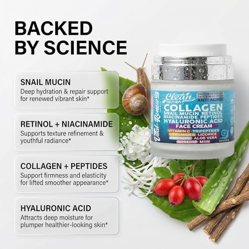 Snail Mucin Collagen Face Cream - Anti-Aging Moisturizer with Retinol, Niacinamide, Hyaluronic Acid, Peptides, Vitamin C, Ceramides - Korean Skincare Daily Face and Neck Cream - 3.52 oz (100g) - görsel 6