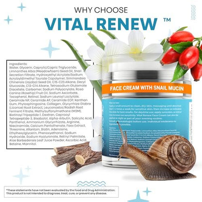 Snail Mucin Collagen Face Cream - Anti-Aging Moisturizer with Retinol, Niacinamide, Hyaluronic Acid, Peptides, Vitamin C, Ceramides - Korean Skincare Daily Face and Neck Cream - 3.52 oz (100g)