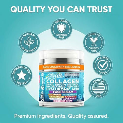 Snail Mucin Collagen Face Cream - Anti-Aging Moisturizer with Retinol, Niacinamide, Hyaluronic Acid, Peptides, Vitamin C, Ceramides - Korean Skincare Daily Face and Neck Cream - 3.52 oz (100g)