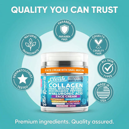 Snail Mucin Collagen Face Cream - Anti-Aging Moisturizer with Retinol, Niacinamide, Hyaluronic Acid, Peptides, Vitamin C, Ceramides - Korean Skincare Daily Face and Neck Cream - 3.52 oz (100g)