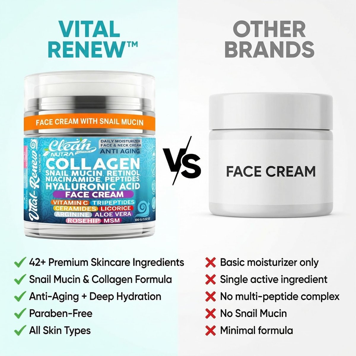 Snail Mucin Collagen Face Cream - Anti-Aging Moisturizer with Retinol, Niacinamide, Hyaluronic Acid, Peptides, Vitamin C, Ceramides - Korean Skincare Daily Face and Neck Cream - 3.52 oz (100g) - görsel 13