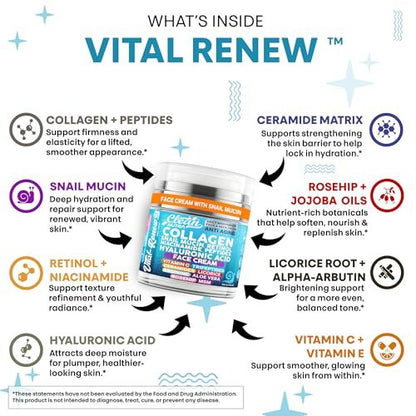 Snail Mucin Collagen Face Cream - Anti-Aging Moisturizer with Retinol, Niacinamide, Hyaluronic Acid, Peptides, Vitamin C, Ceramides - Korean Skincare Daily Face and Neck Cream - 3.52 oz (100g)