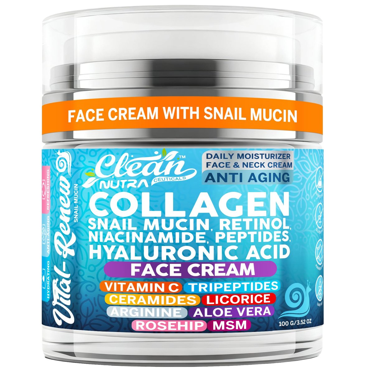 Snail Mucin Collagen Face Cream - Anti-Aging Moisturizer with Retinol, Niacinamide, Hyaluronic Acid, Peptides, Vitamin C, Ceramides - Korean Skincare Daily Face and Neck Cream - 3.52 oz (100g) - görsel 1