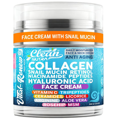 Snail Mucin Collagen Face Cream - Anti-Aging Moisturizer with Retinol, Niacinamide, Hyaluronic Acid, Peptides, Vitamin C, Ceramides - Korean Skincare Daily Face and Neck Cream - 3.52 oz (100g)