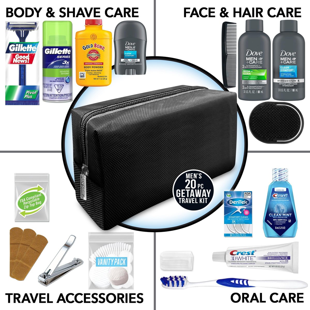 Convenience Kits International Men’s Premium 20-Piece Travel Kit with Dove Men+Care Essentials in TSA-Compliant Black Dopp Bag Avelisse