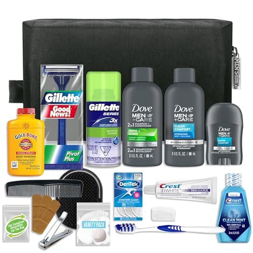 Convenience Kits International Men’s Premium 20-Piece Travel Kit with Dove Men+Care Essentials in TSA-Compliant Black Dopp Bag Avelisse