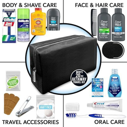 Convenience Kits International Men’s Premium 20-Piece Travel Kit with Dove Men+Care Essentials in TSA-Compliant Black Dopp Bag Avelisse