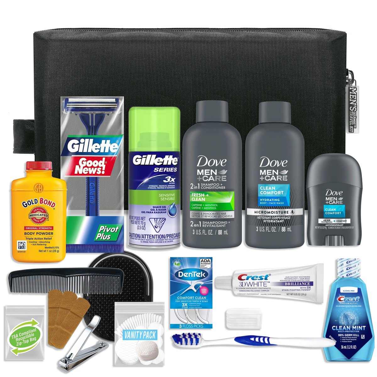 Convenience Kits International Men’s Premium 20-Piece Travel Kit with Dove Men+Care Essentials in TSA-Compliant Black Dopp Bag Avelisse