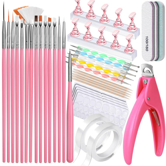 FANDAMEI Nail Art Tools Kit - Press On Nail Design Tools with Nail Brush, Stand, Cutters & Acrylic Nail Clippers