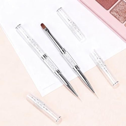 2PCS Professional French Tip Brush Set - Dual-Ended Nail Art Brushes with Rhinestone Handle for Builder Gel & Polygel