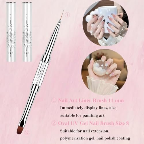 2PCS Professional French Tip Brush Set - Dual-Ended Nail Art Brushes with Rhinestone Handle for Builder Gel & Polygel - görsel 6