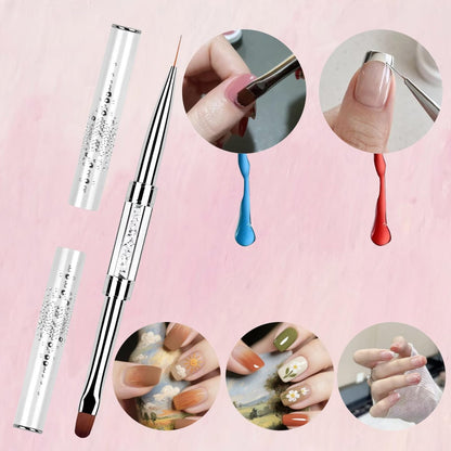 2PCS Professional French Tip Brush Set - Dual-Ended Nail Art Brushes with Rhinestone Handle for Builder Gel & Polygel