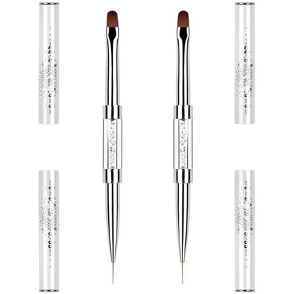 2PCS Professional French Tip Brush Set - Dual-Ended Nail Art Brushes with Rhinestone Handle for Builder Gel & Polygel