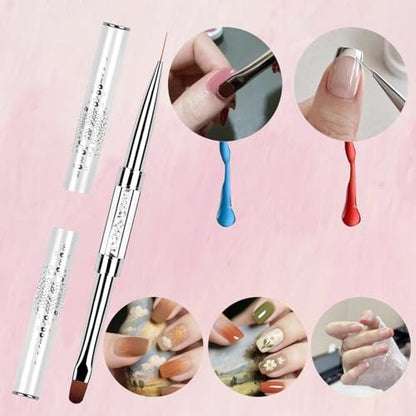 2PCS Professional French Tip Brush Set - Dual-Ended Nail Art Brushes with Rhinestone Handle for Builder Gel & Polygel